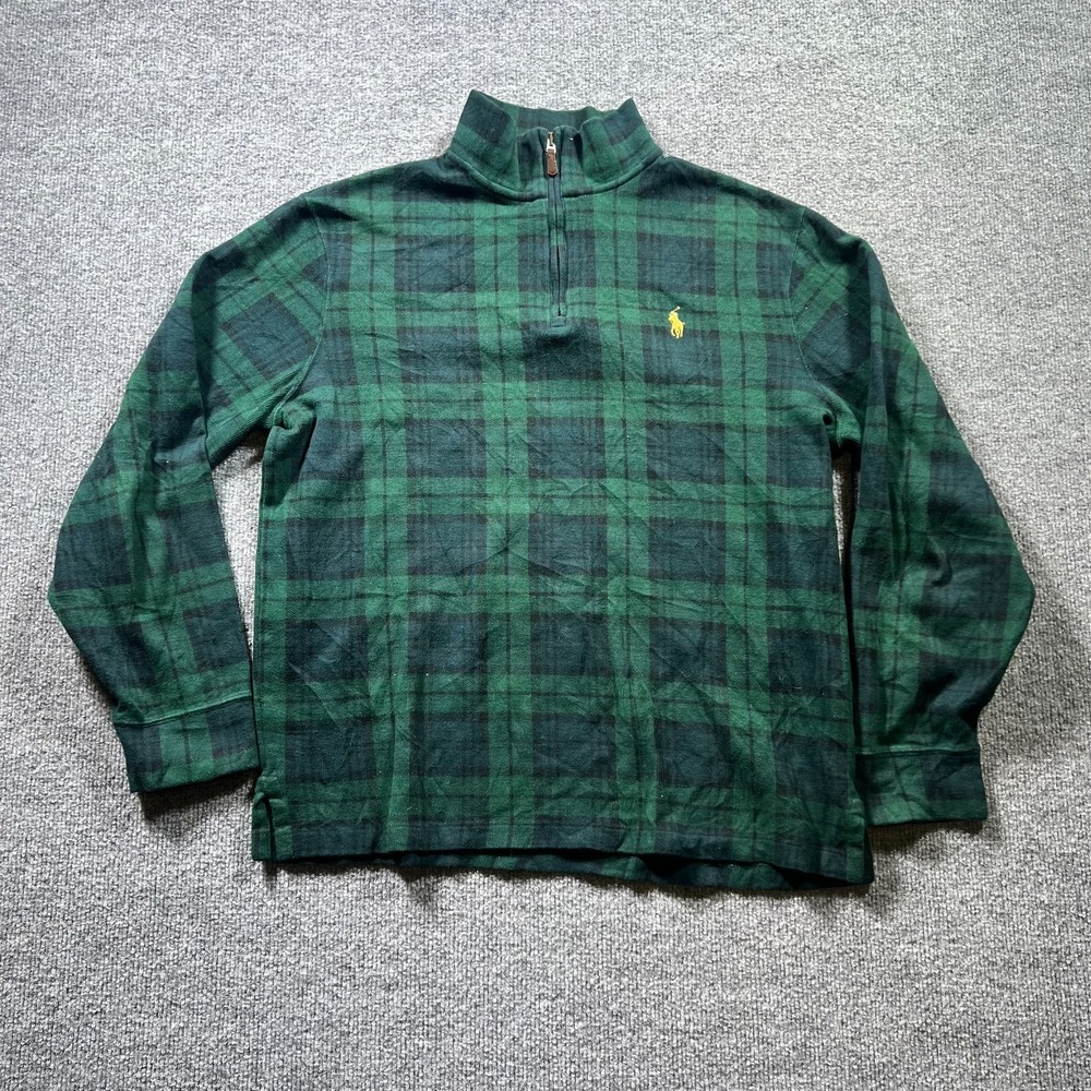 Polo Ralph Lauren Estate Rib Sweater Mens Small Green Black Tartan Plaid Preppy